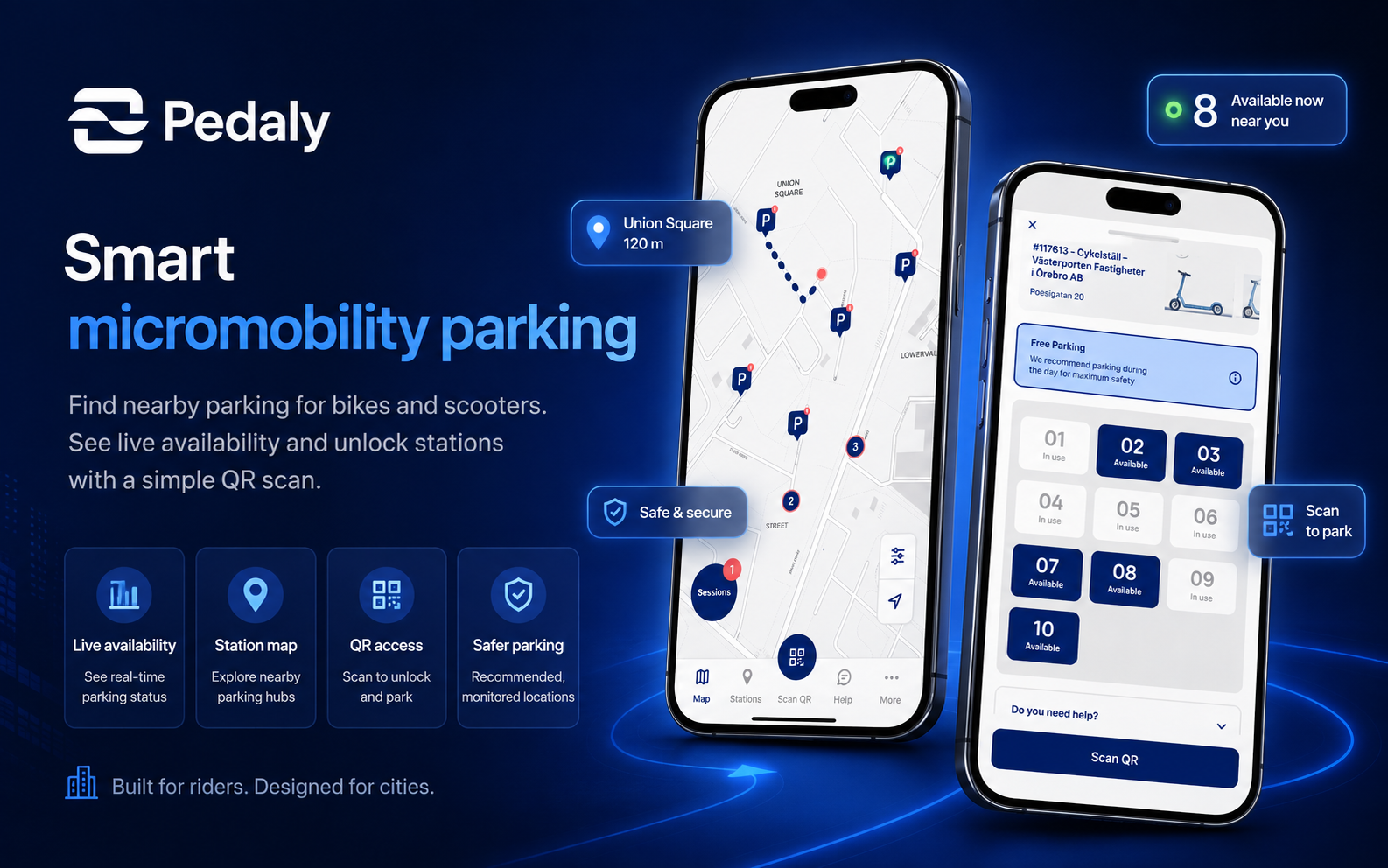 Pedaly mobile app screens for secure bicycle parking